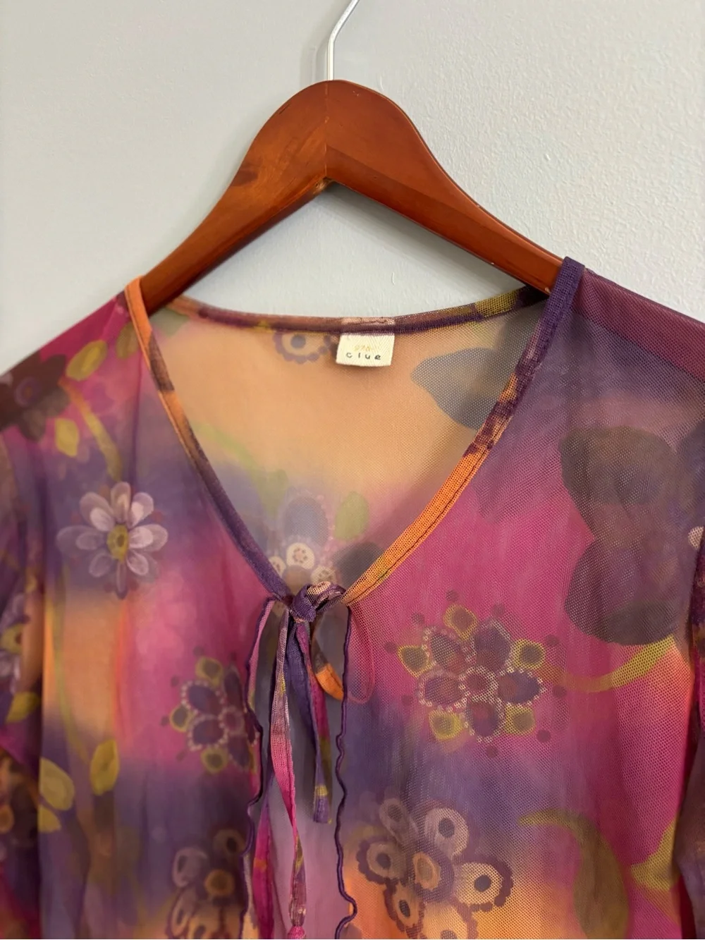 Y2K Sheer Mesh Watercolor Floral Tie Front Cardigan Top S